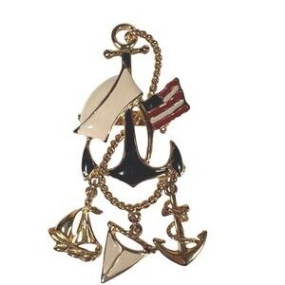 Vintage Navy Nautical Anchor and Sailboat Charm Brooch - Gold, Black, White, Red
